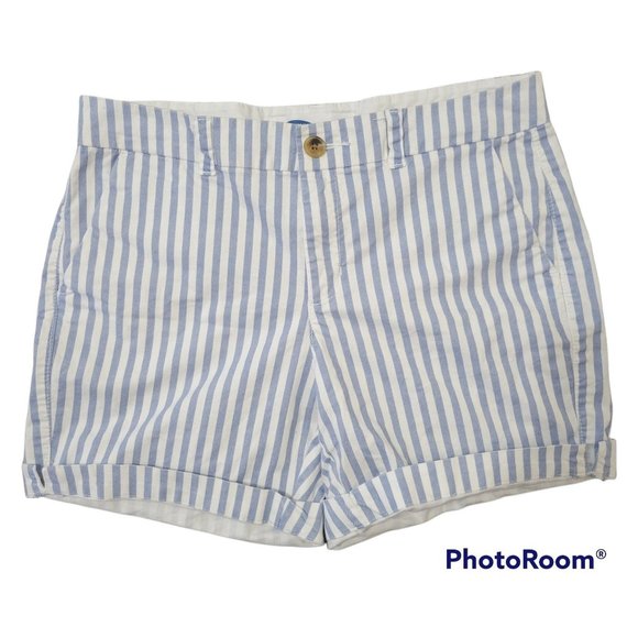 Old Navy Pants - Old Navy Ladies 6 Everyday Midrise White Blue Striped Cuffed Leg Cotton Shorts